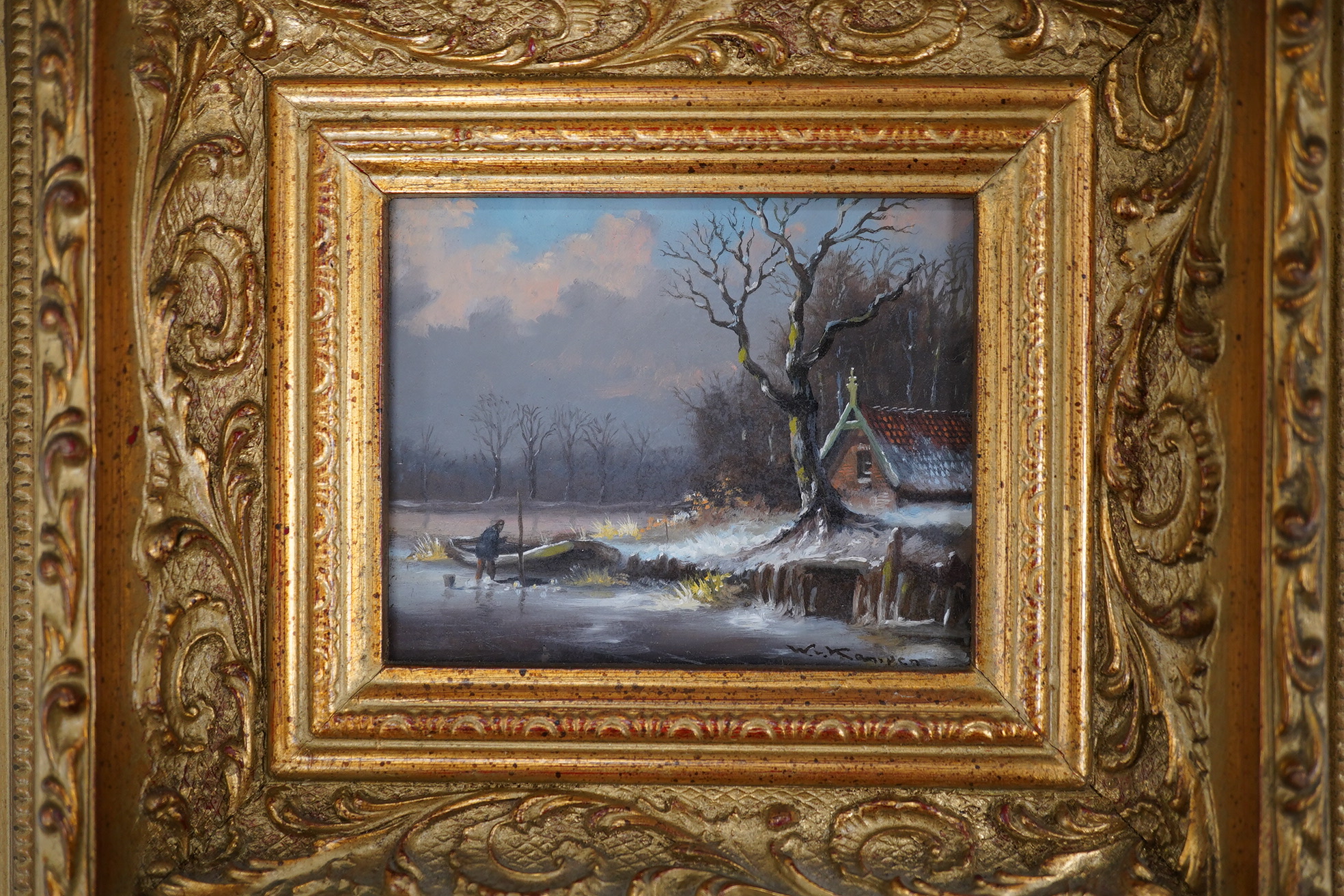 Contemporary Dutch school, pair of oils on board, winter scenes with figures skating, indistinctly signed P. kavcrcamp?, ornate gilt framed, 8 x 10cm. Condition - good